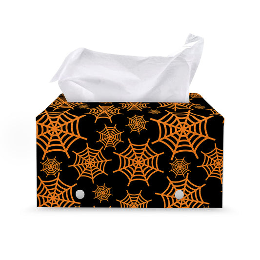 Black And Orange Spider Web Print Leather Tissue Box Cover