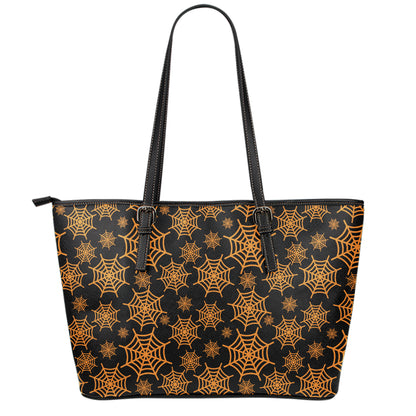 Black And Orange Spider Web Print Leather Tote Bag