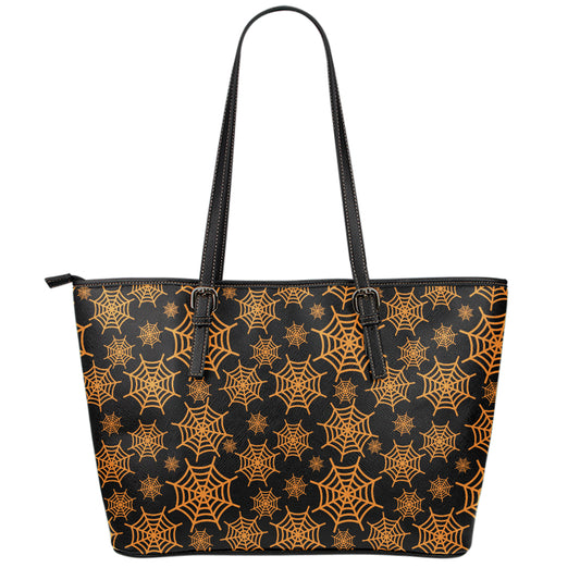 Black And Orange Spider Web Print Leather Tote Bag