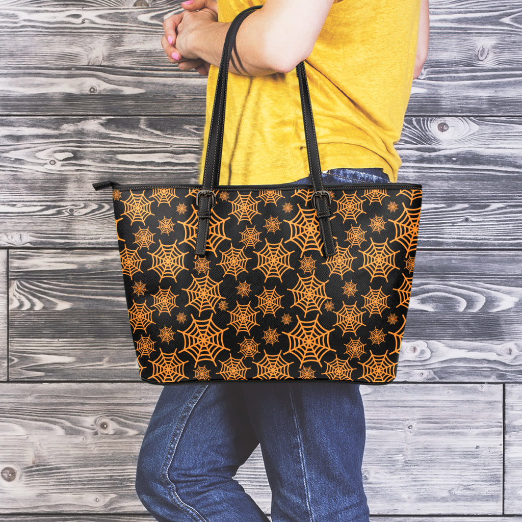 Black And Orange Spider Web Print Leather Tote Bag