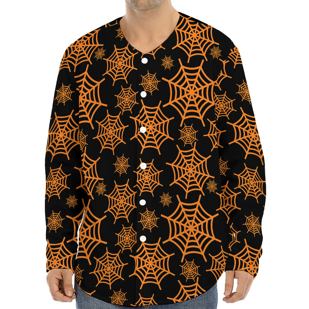 Black And Orange Spider Web Print Long Sleeve Baseball Jersey