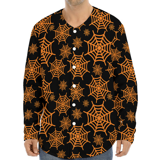 Black And Orange Spider Web Print Long Sleeve Baseball Jersey