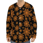 Black And Orange Spider Web Print Long Sleeve Baseball Jersey