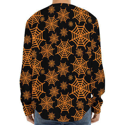 Black And Orange Spider Web Print Long Sleeve Baseball Jersey