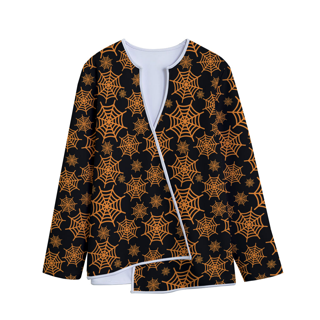 Black And Orange Spider Web Print Long Sleeve Short Coat