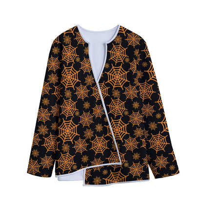 Black And Orange Spider Web Print Long Sleeve Short Coat