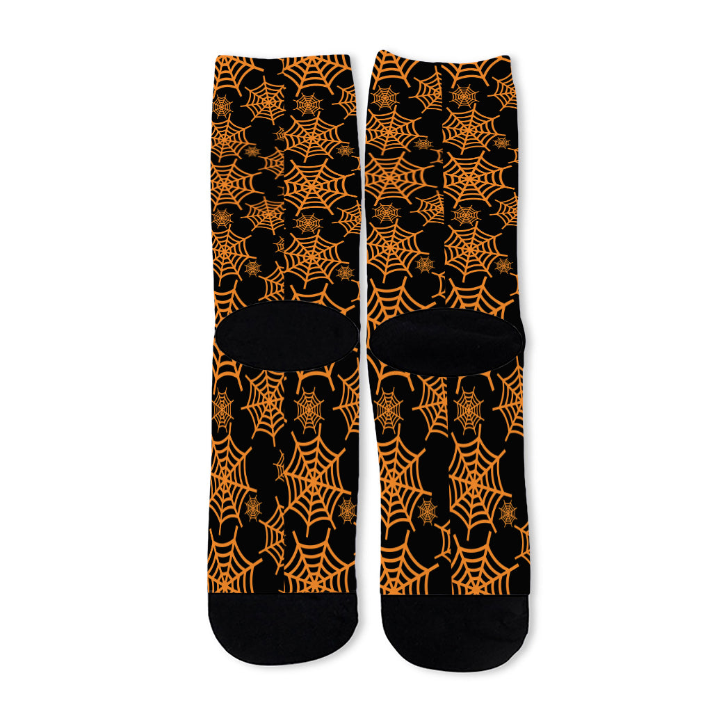 Black And Orange Spider Web Print Long Socks
