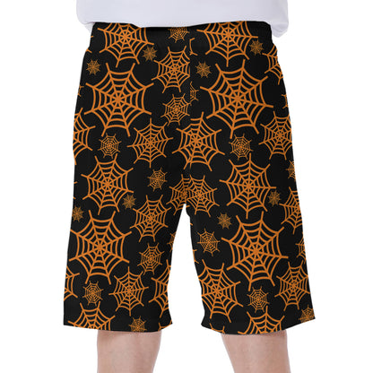 Black And Orange Spider Web Print Men's Beach Shorts