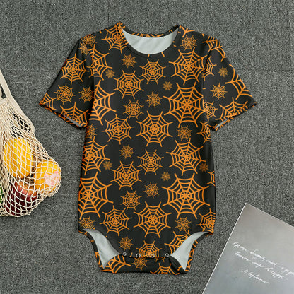 Black And Orange Spider Web Print Men's Bodysuit