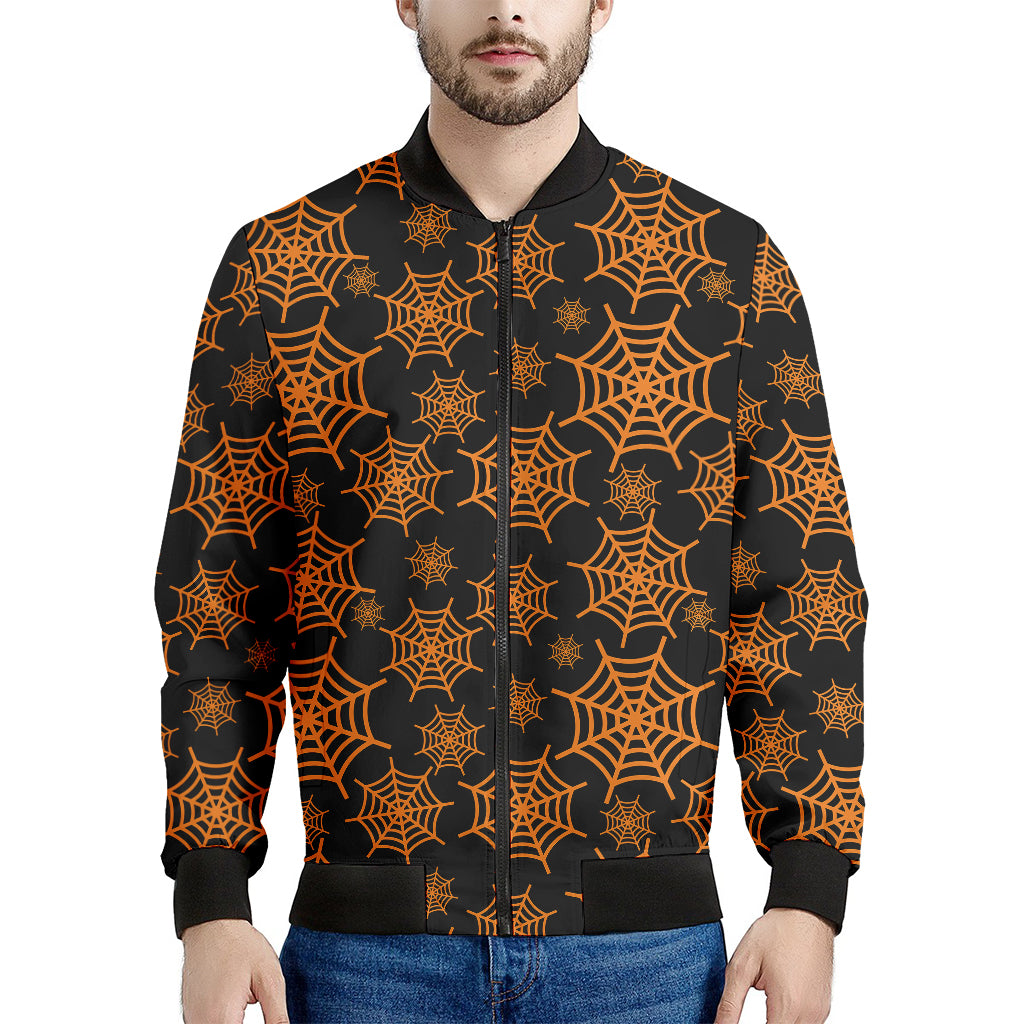 Black And Orange Spider Web Print Men's Bomber Jacket