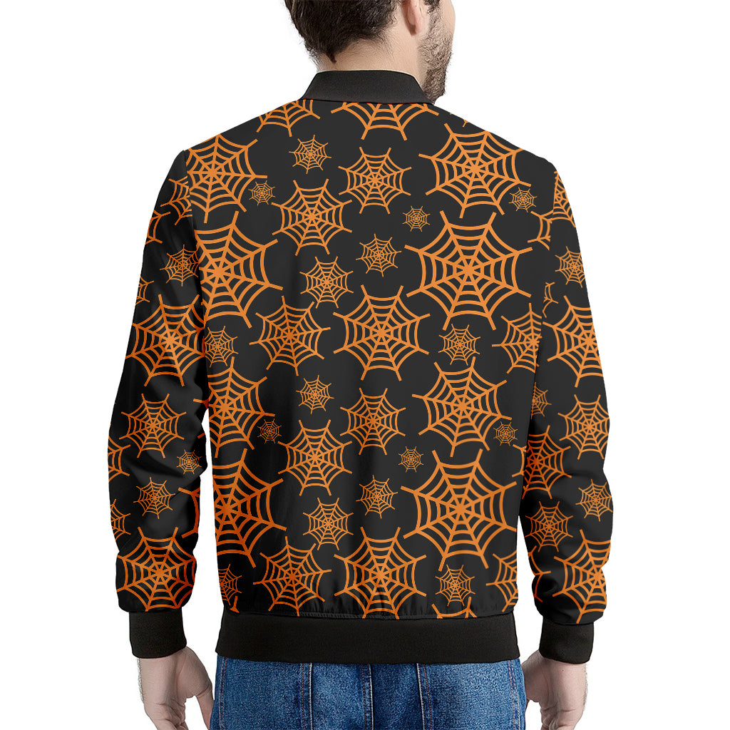 Black And Orange Spider Web Print Men's Bomber Jacket