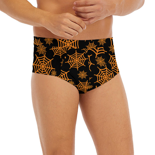 Black And Orange Spider Web Print Men's Briefs