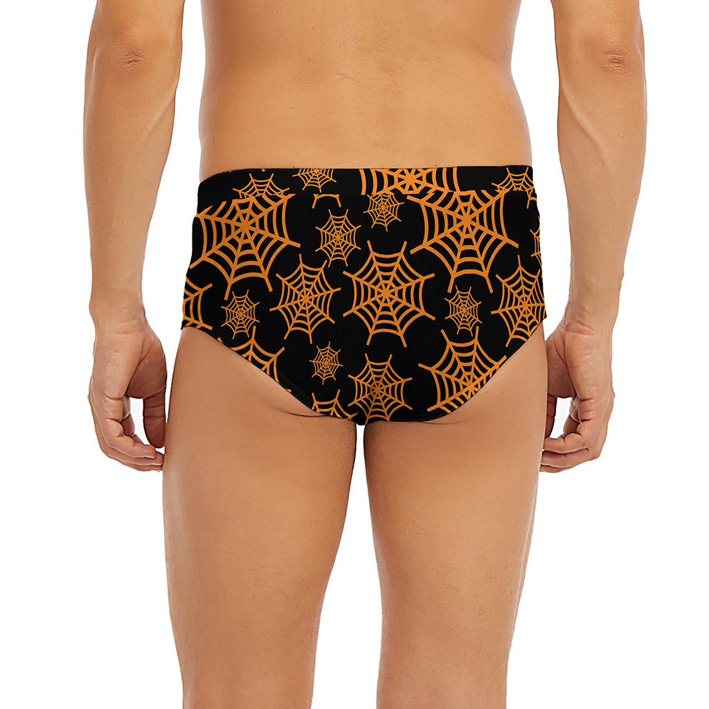 Black And Orange Spider Web Print Men's Briefs