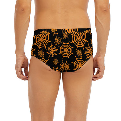Black And Orange Spider Web Print Men's Briefs
