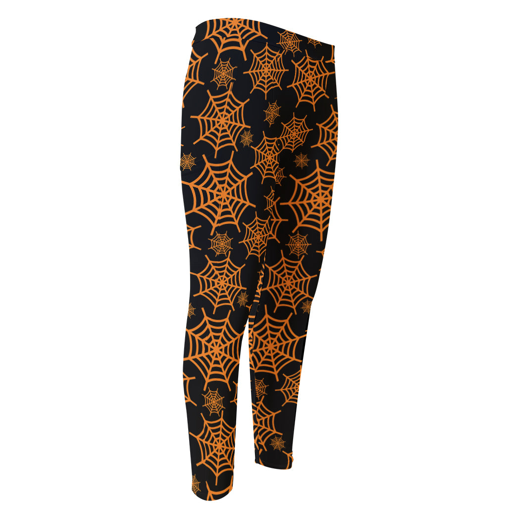 Black And Orange Spider Web Print Men's Compression Pants