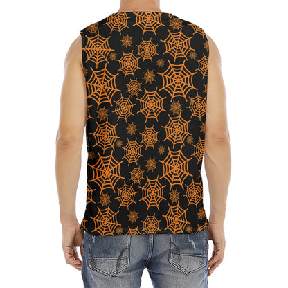 Black And Orange Spider Web Print Men's Fitness Tank Top