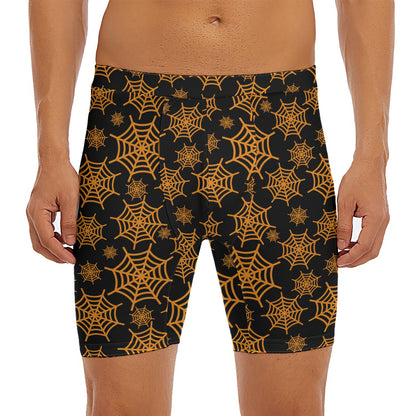 Black And Orange Spider Web Print Men's Long Boxer Briefs