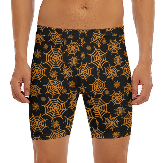 Black And Orange Spider Web Print Men's Long Boxer Briefs