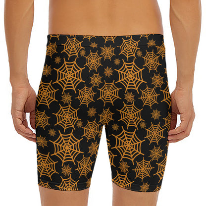 Black And Orange Spider Web Print Men's Long Boxer Briefs