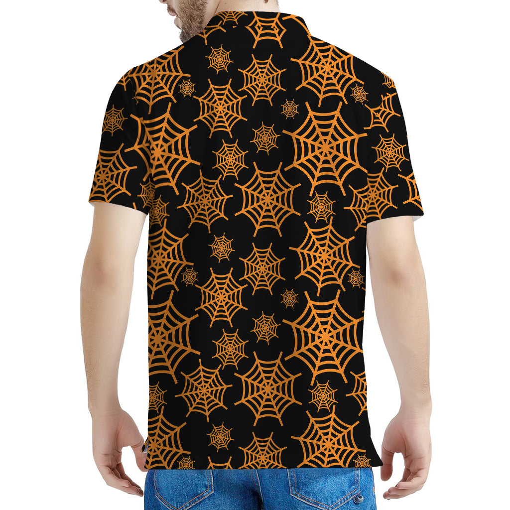 Black And Orange Spider Web Print Men's Polo Shirt