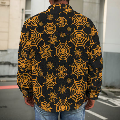 Black And Orange Spider Web Print Men's Shirt Jacket