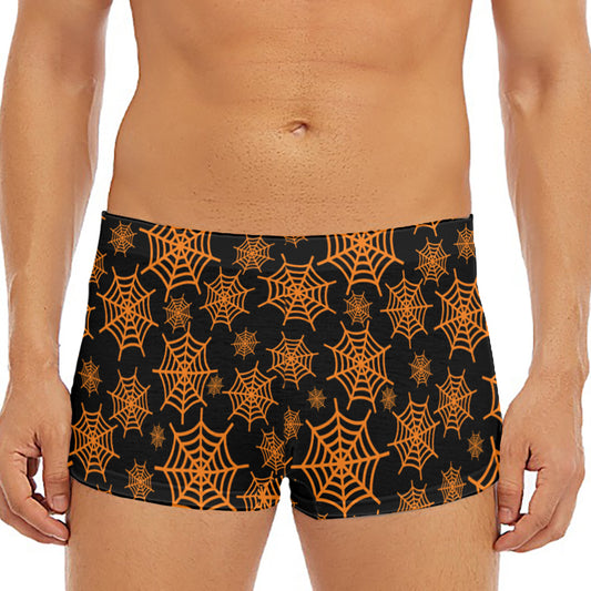 Black And Orange Spider Web Print Men's Short Boxer Briefs
