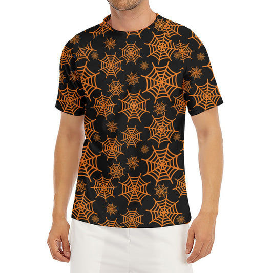 Black And Orange Spider Web Print Men's Short Sleeve Rash Guard