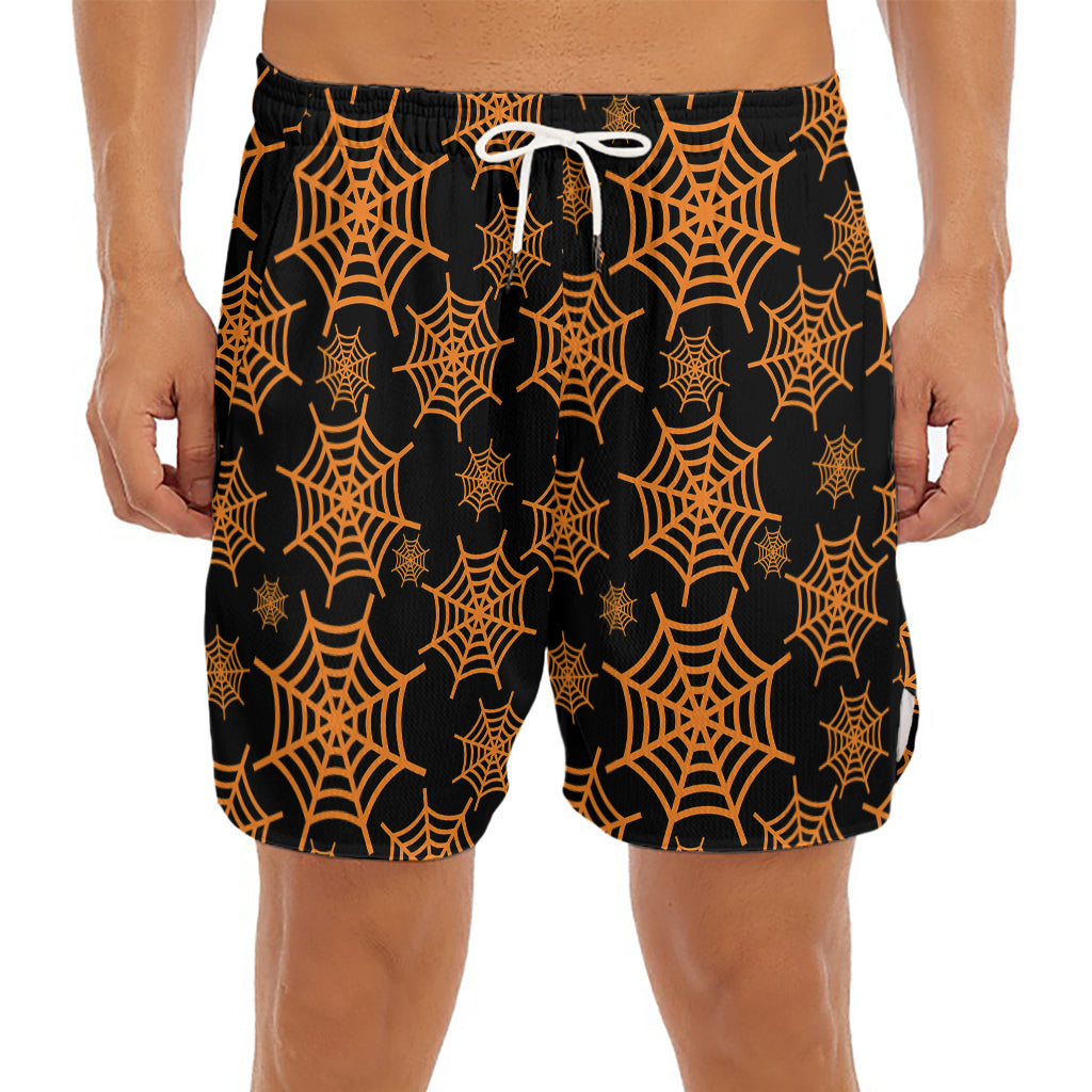 Black And Orange Spider Web Print Men's Split Running Shorts