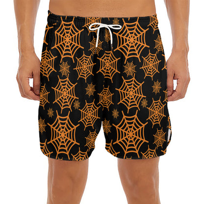 Black And Orange Spider Web Print Men's Split Running Shorts