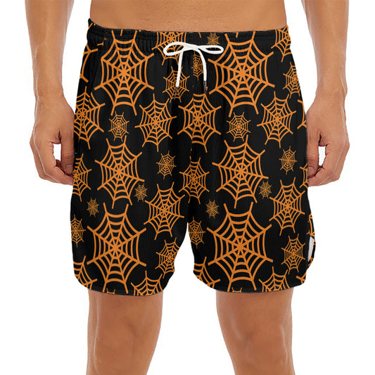Black And Orange Spider Web Print Men's Split Running Shorts