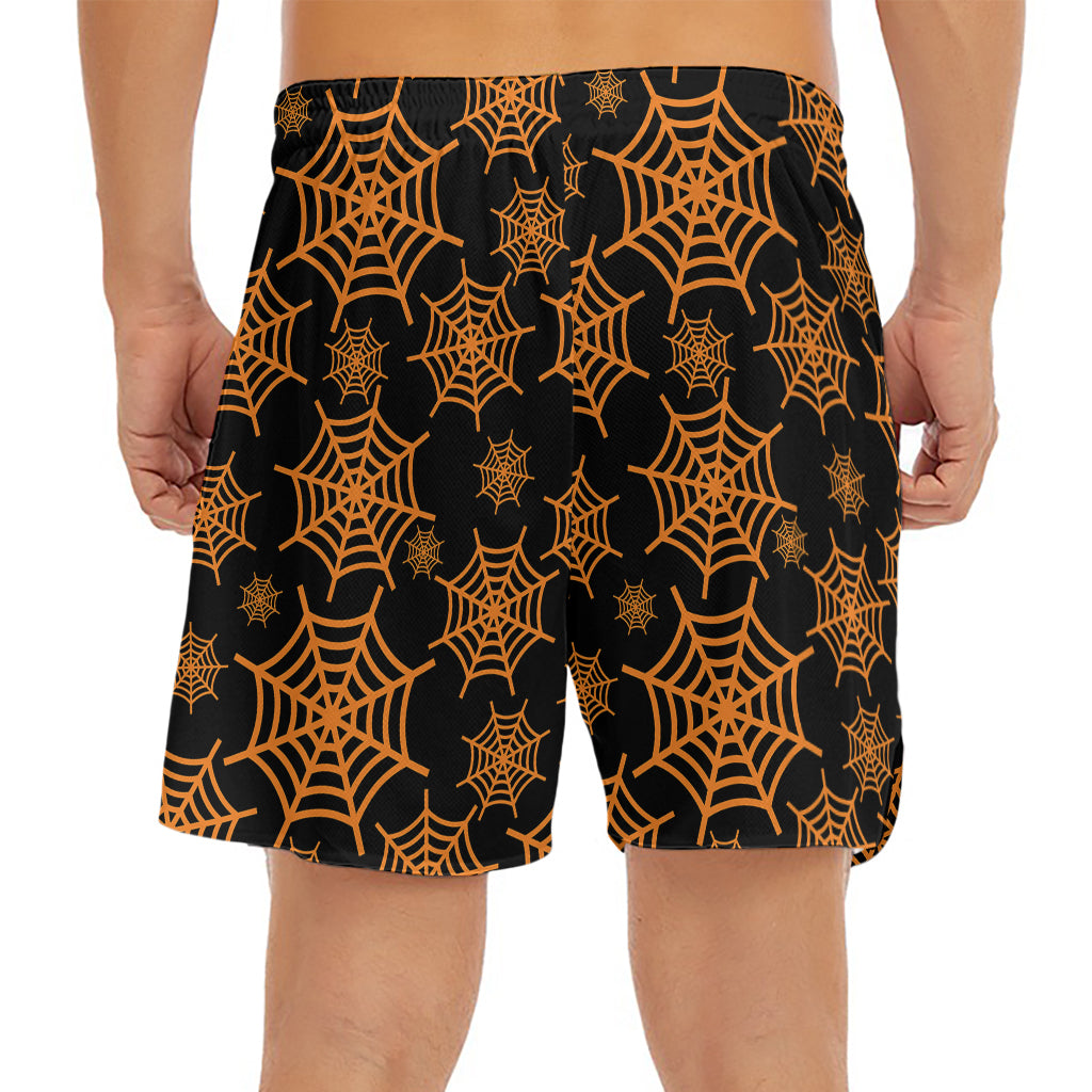 Black And Orange Spider Web Print Men's Split Running Shorts