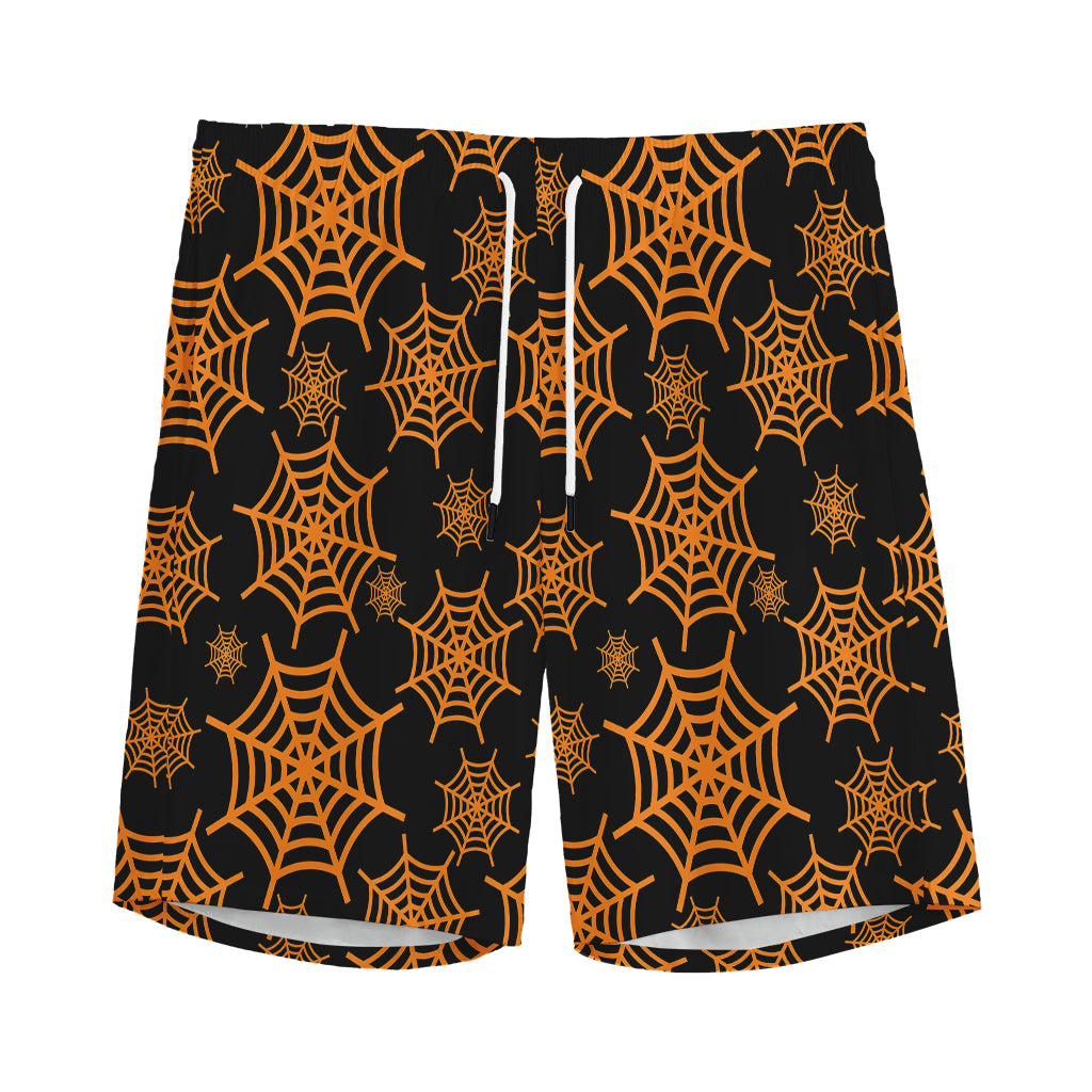 Black And Orange Spider Web Print Men's Sports Shorts