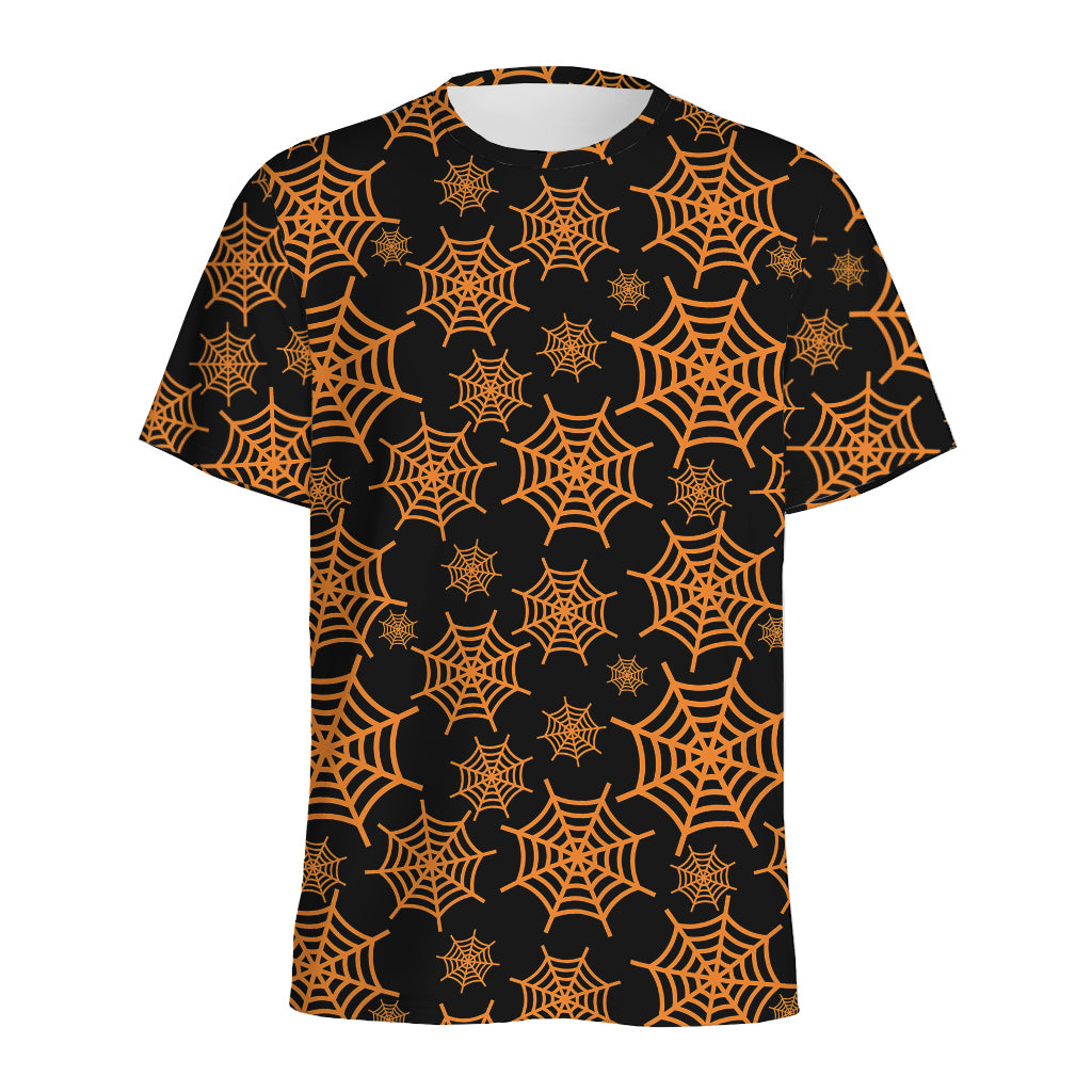 Black And Orange Spider Web Print Men's Sports T-Shirt