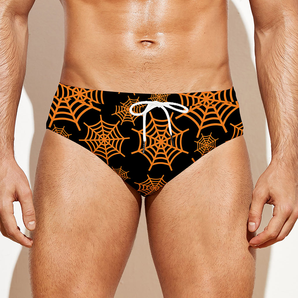 Black And Orange Spider Web Print Men's Swim Briefs