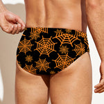Black And Orange Spider Web Print Men's Swim Briefs