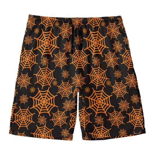 Black And Orange Spider Web Print Men's Swim Trunks