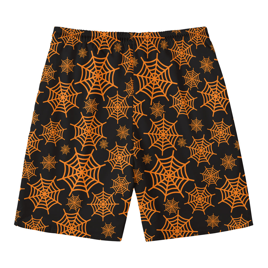 Black And Orange Spider Web Print Men's Swim Trunks