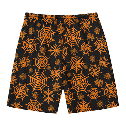 Black And Orange Spider Web Print Men's Swim Trunks