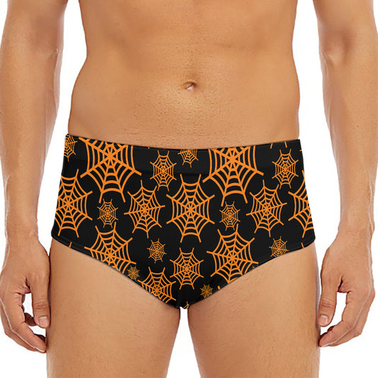 Black And Orange Spider Web Print Men's Triangle Swim Briefs