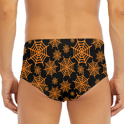 Black And Orange Spider Web Print Men's Triangle Swim Briefs