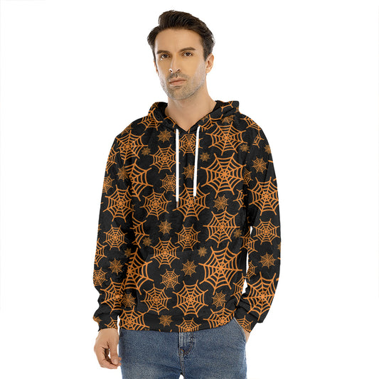 Black And Orange Spider Web Print Men's Velvet Pullover Hoodie