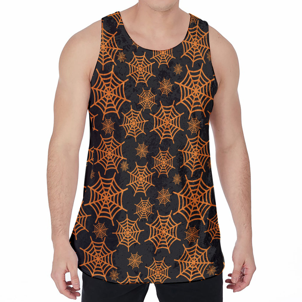 Black And Orange Spider Web Print Men's Velvet Tank Top