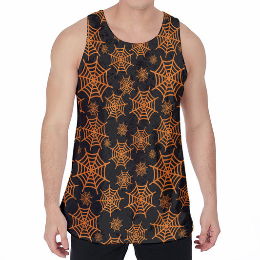 Black And Orange Spider Web Print Men's Velvet Tank Top