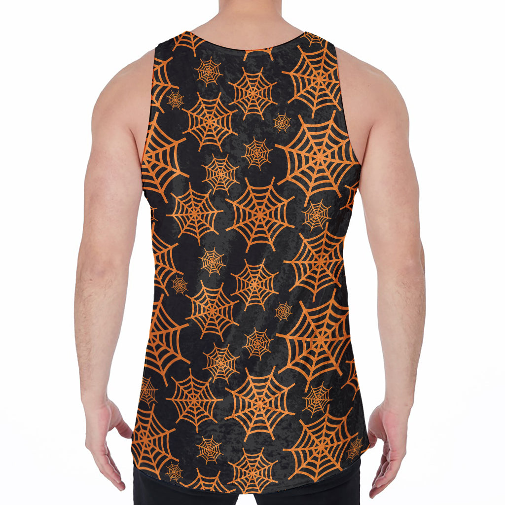Black And Orange Spider Web Print Men's Velvet Tank Top