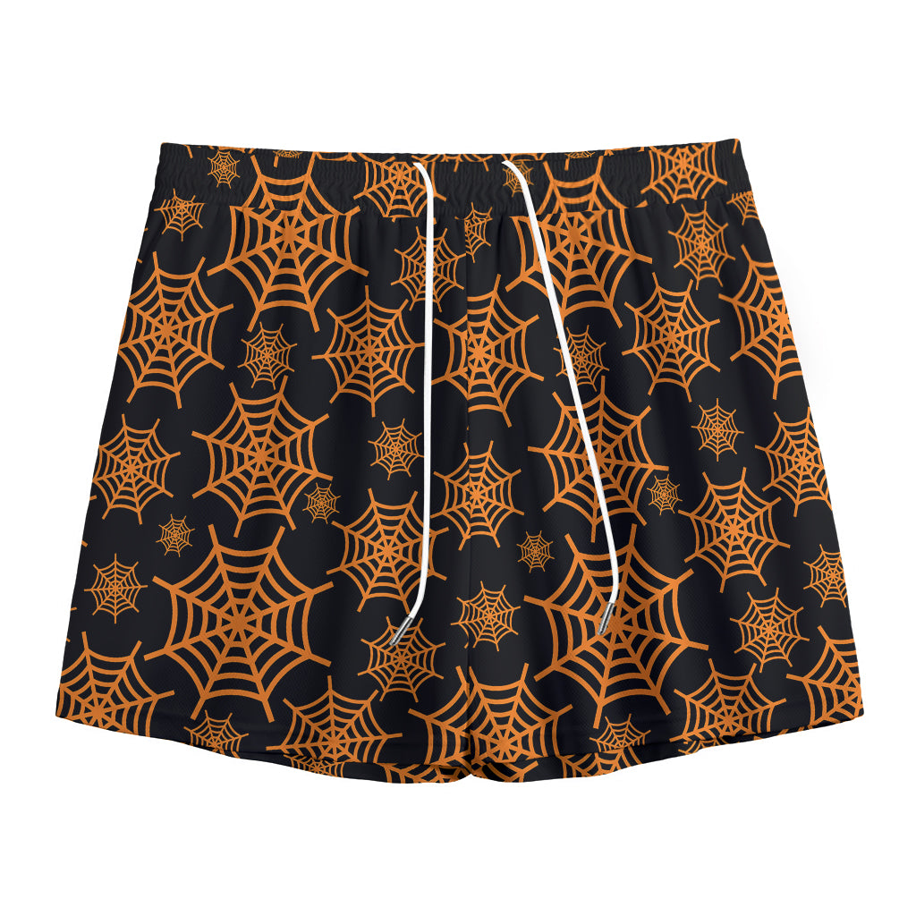 Black And Orange Spider Web Print Mesh Shorts