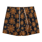 Black And Orange Spider Web Print Mesh Shorts