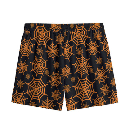 Black And Orange Spider Web Print Mesh Shorts