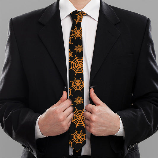 Black And Orange Spider Web Print Necktie