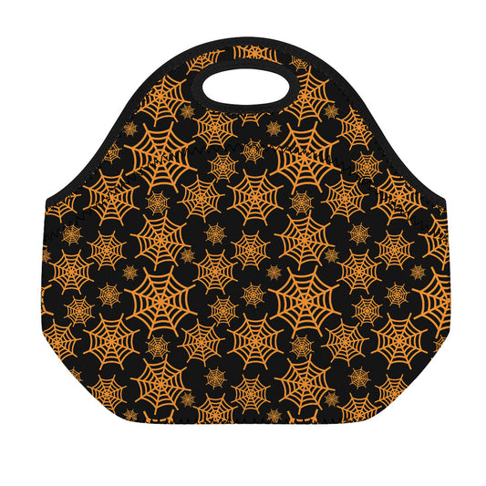 Black And Orange Spider Web Print Neoprene Lunch Bag
