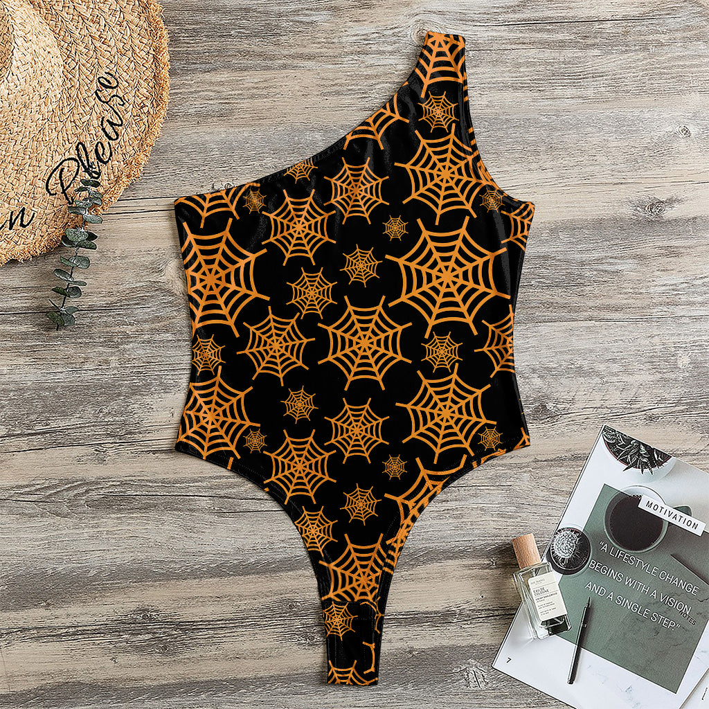 Black And Orange Spider Web Print One Shoulder Bodysuit
